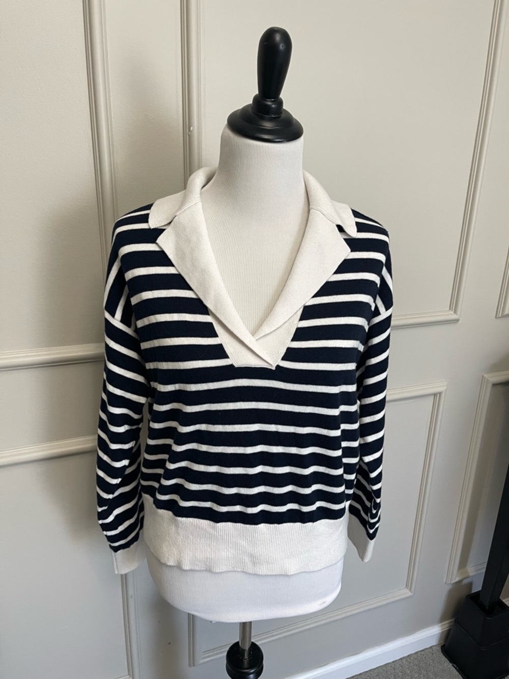 Tommy Hilfiger Navy and White Striped V-Neck Sweater Coastal Old Money